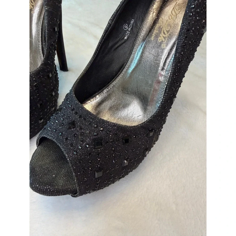 B.D.B. Fashions Black Glitter Rhinestone Peep Toe Platform Stiletto Pumps Size 9
